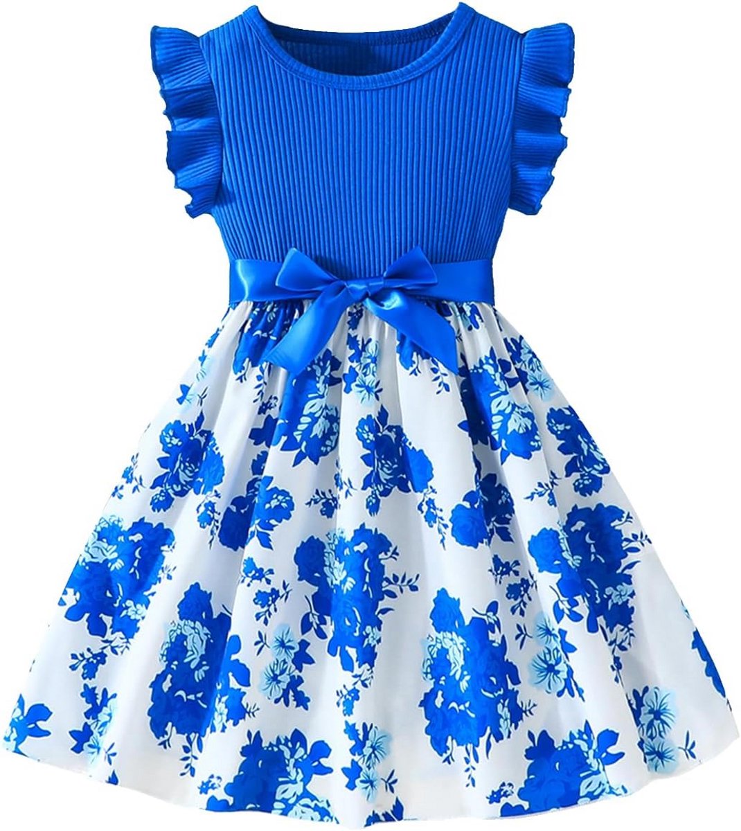 Tropische Bloemenprint Jurk voor Meisjes - Korte Mouwen en Strik - Prinsessenjurk voor Zomerfeest 4-8 jaar