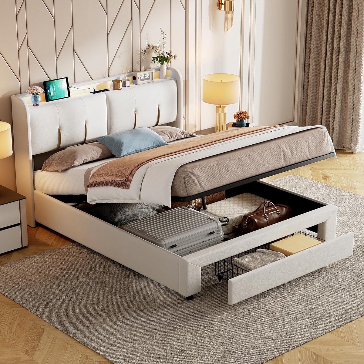 Gestoffeerd Tweepersoonsbed 140 x 200 cm met Opbergruimte en USB