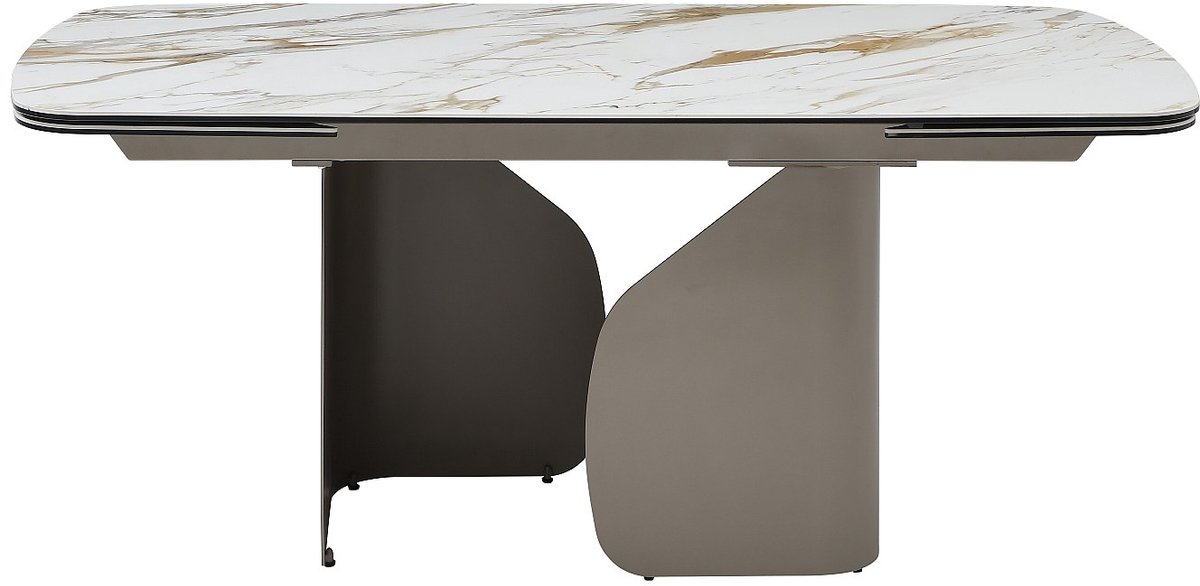 Vente-unique Uitschuifbare eettafel voor 6 tot 10 personen van keramiek, gehard glas en taupe metaal - Wit marmereffect - CAMUVO van Maison Céphy