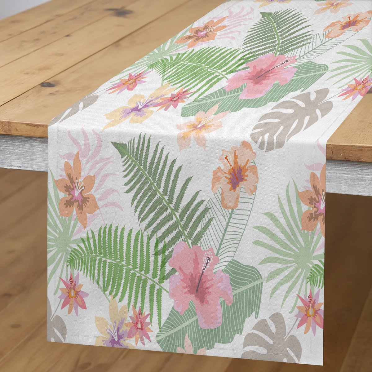 ABAKUHAUS tafelloper – botanisch motief, 40×180 cm, lichtroze