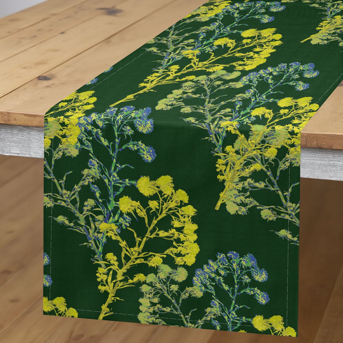 ABAKUHAUS tafel loper – botanische stijl – 40×180 cm – polyester – jachtgroen/geel