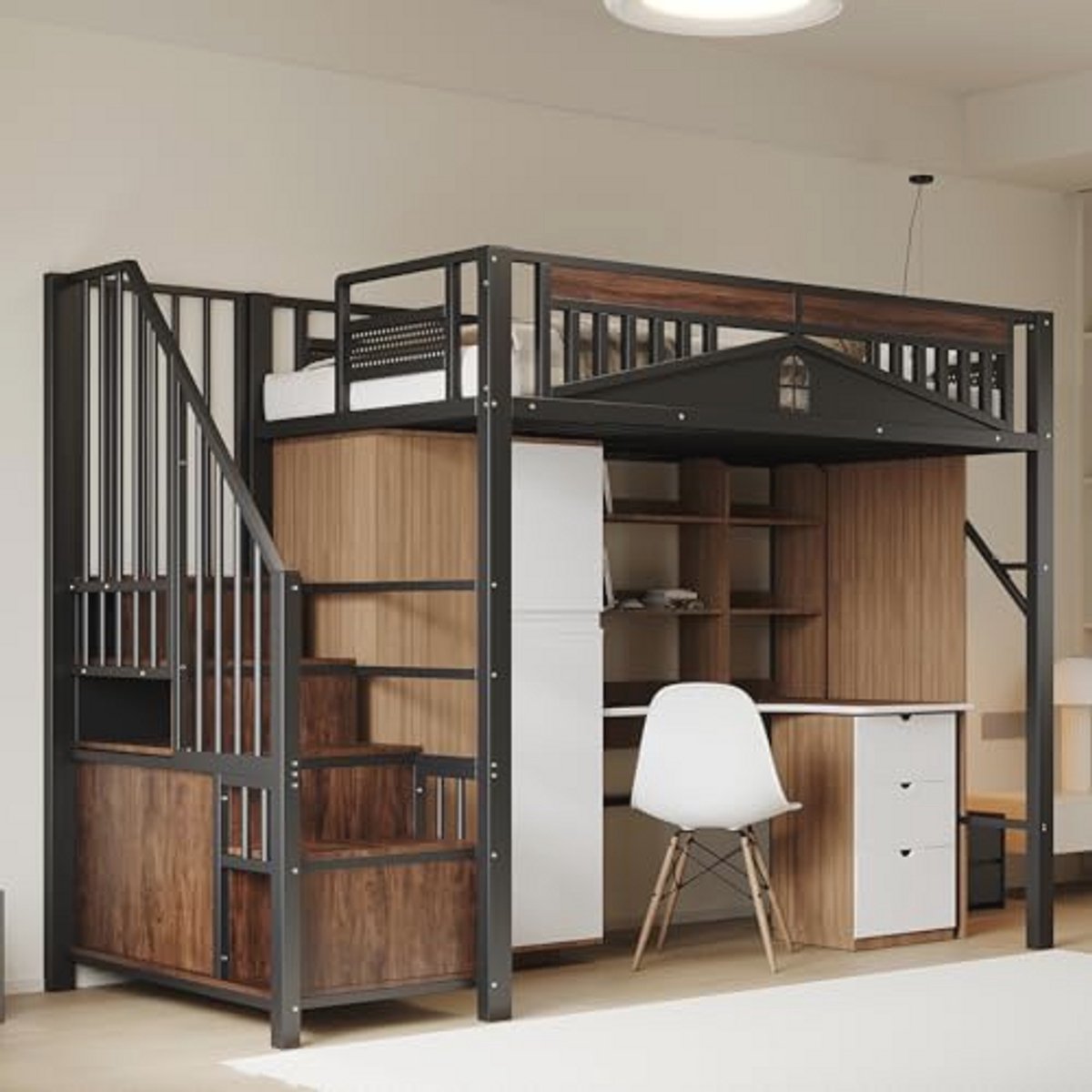 Multifunctionele Mezzanine Bed 90 x 200 cm met Opbergruimte en Compartiment