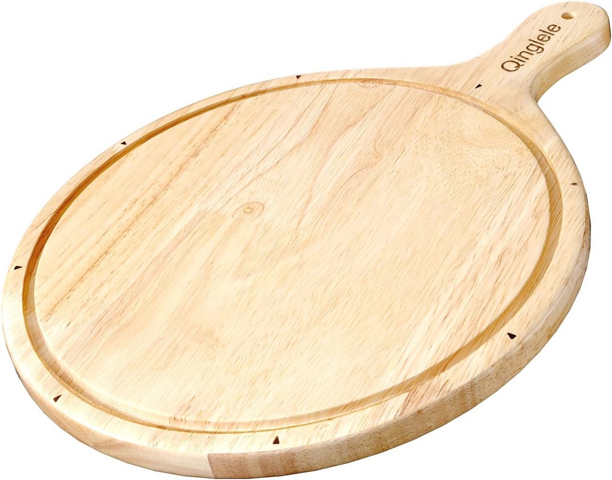 Houten Pizzabord met Handvat - Ronde Pizza-Snijplank van Rubberhout, 30,5 cm Diameter