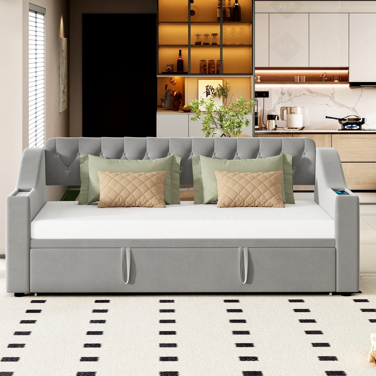 MODFU Bedframe 90cm*190cm, gestoffeerd, grijs, met opbergruimte, USB- en Type-C-aansluiting en uitschuifbaar tot 180x190 cm