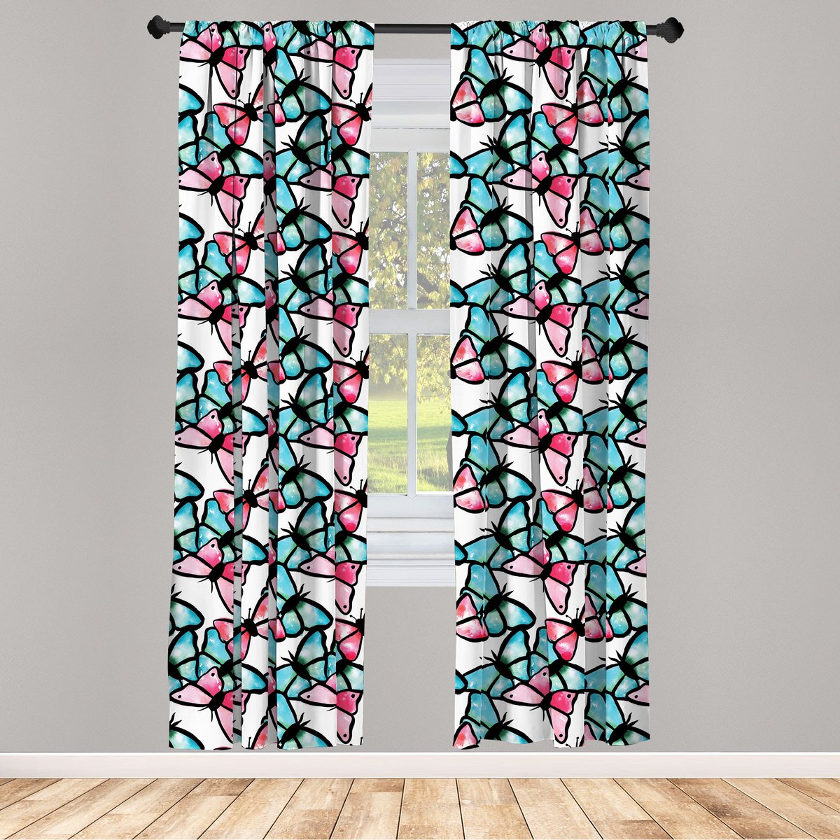 ABAKUHAUS Raamgordijnen – 2-delige paneelset 75x245 cm – microvezels – halfdonkerend – zwart blauw roze