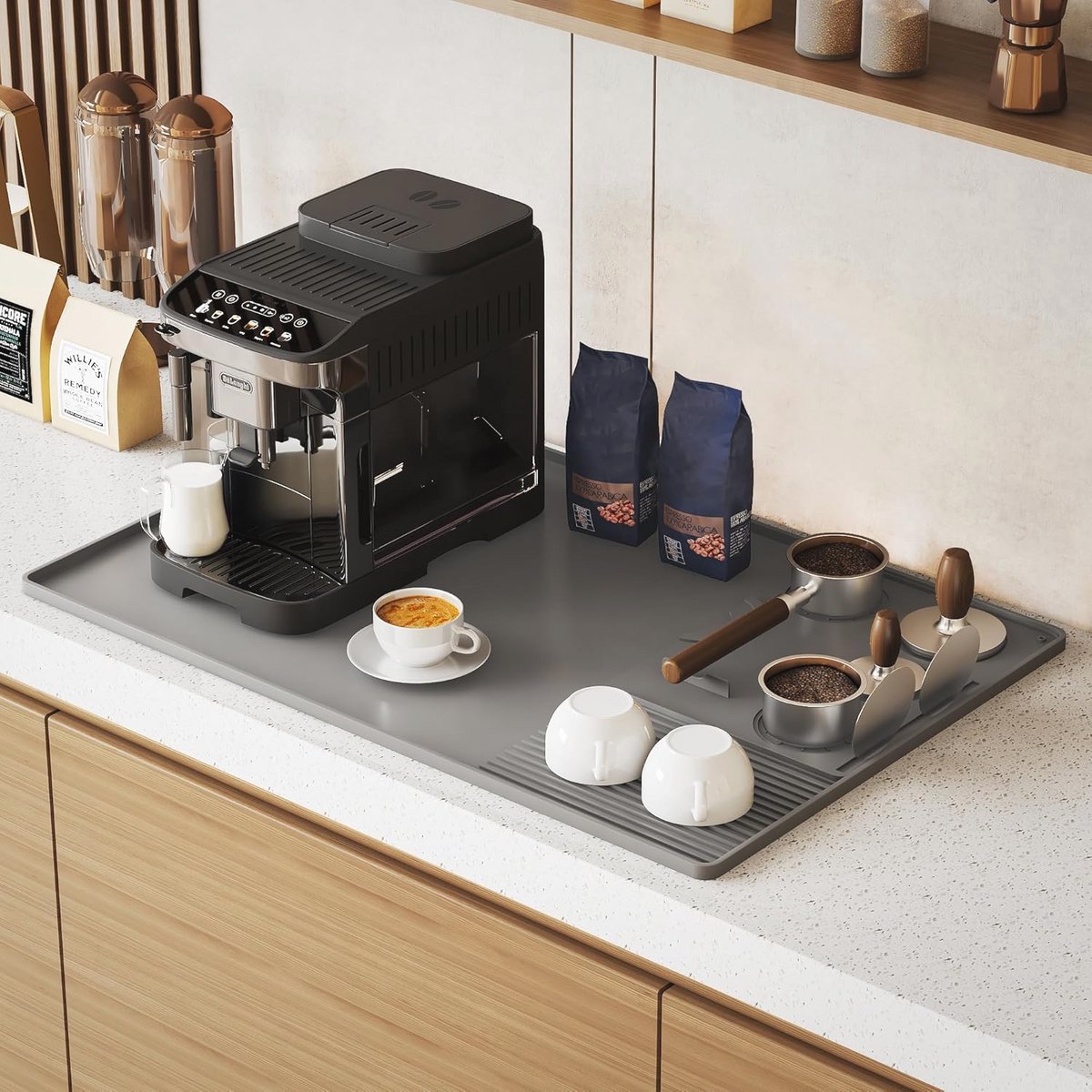 Grote 3-in-1 siliconen koffiemat met stamper pad en morsbestendige rand voor espressomachines