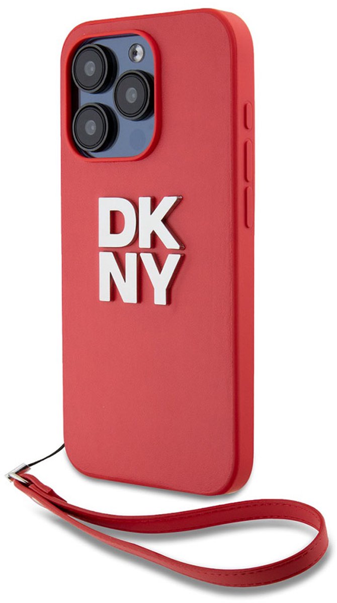 DKNY, Geschikt voor Apple iPhone 15 Pro Max hoesje met metallic logo en polsbandje, Rood