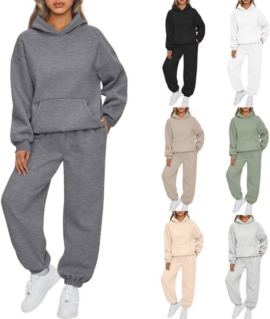 Dames hoodie en joggingbroek set in 7 kleuren: grijs, zwart, wit, beige, groen, lichtbruin en lichtgrijs.