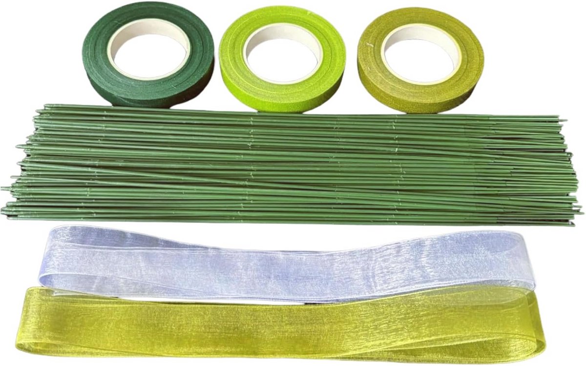 Bloemistenlint en Groen Steekdraad - 3 Rollen & 100 Stuks 30 cm - Ideaal voor Boeketten en DIY Projecten