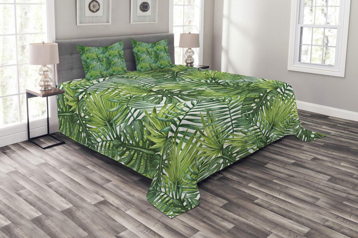 ABAKUHAUS Blatt Dagdeken Set – 220x220 cm – Polyester, lichtgroen & donkergroen