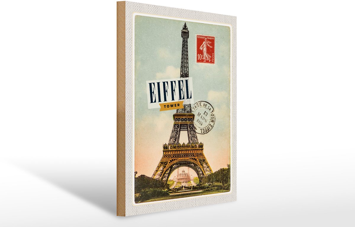 Holzschild Reise 30x40cm Eifel Tower Briefmarkenoptik
