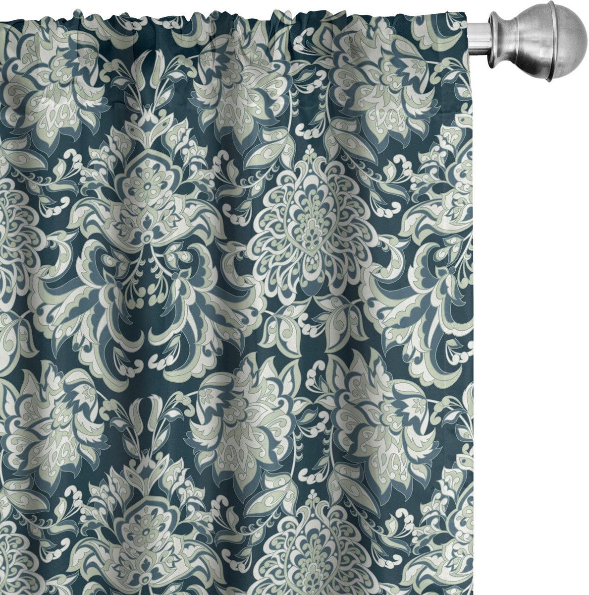 ABAKUHAUS Vintage gordijnen – 2-delige set 75x225 cm – Victorian bladpatroon – wit-groen-donkerblauw Wit Groen Donkerblauw