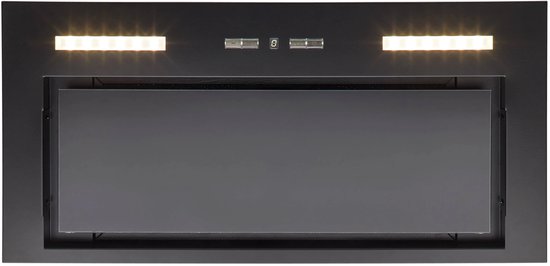 Zwarte inbouw afzuigkap met led-verlichting en een digitaal display.