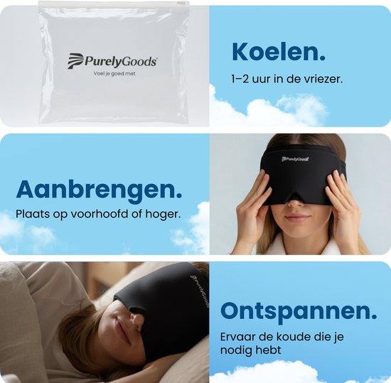 PurelyGoods® Masque Migraine 600 g – Bonnet Migraine – Pack Froid – Icepack – Sac de Congélation Inclus – Noir