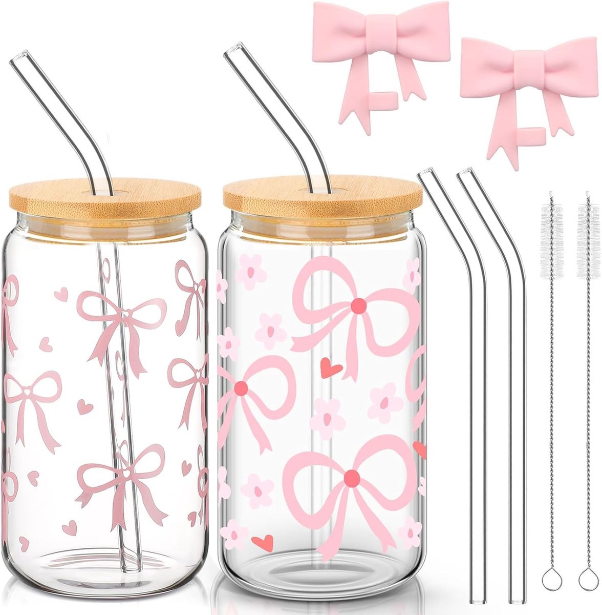 2 Piece Set Grinding Pressure - 16oz Glas Fles - Bow Glazen met RVS Rietje en Herbruikbare Siliconen Rietjes Caps