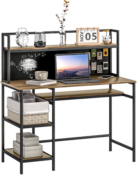 HOOBRO Computertafel, Hoekbureau, L-vormig Bureau, Met 2 Planken Ruimtebesparend Industrieel Ontwerp Studeerkamer Thuiskantoor Gaming Eenvoudige Montage Vintage Bruin Zwart Ebf35dn01