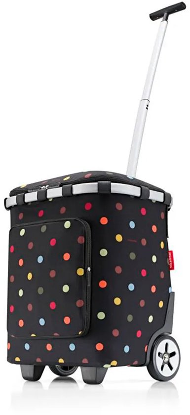 Zwarte boodschappentrolley met veelkleurige stippen, uittrekbaar handvat en wielen.