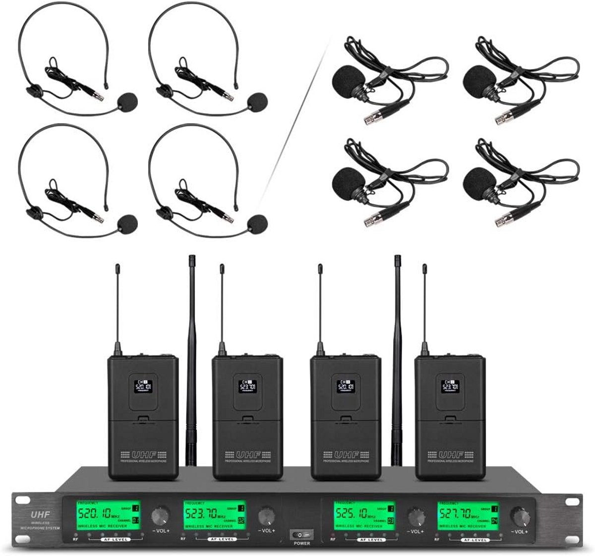 Draadloos Microfoonsysteem UHF 4 Kanalen met 4 Lavalier Bodypacks en 4 Headsets