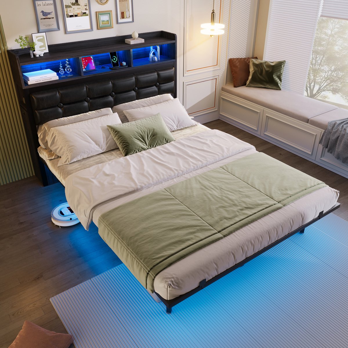 KOMHTOM BLACKCOLORS Tweepersoonsbed 140*190 cm met lattenbodem en hoofdeinde, met 2 uitschuifbare nachtkastjes, met opbergvakken, met oplaadfunctie voor mobiele telefoons (TYPE C-interface en USB), met LED, grijs