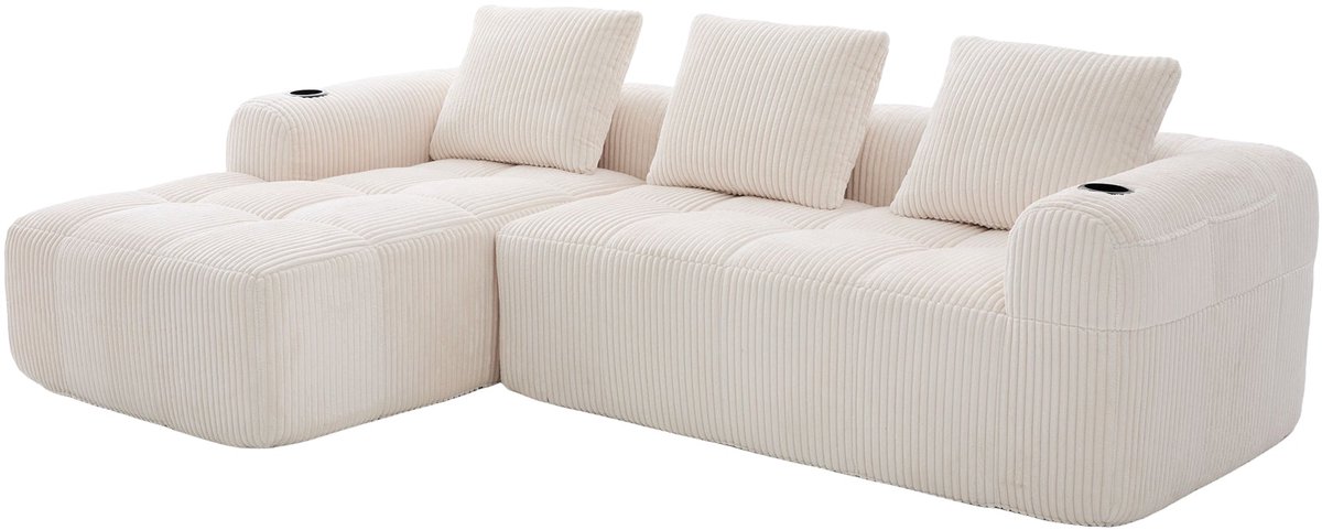 Merax Modulaire Cordbank Met Poef - 4-Zits - Met Zijvak En Bekerhouders - Inclusief 3 Kussens - Beige
