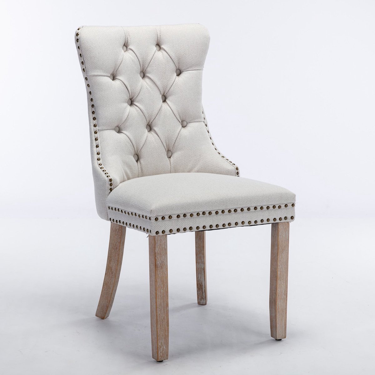 Merax Eetkamerstoelen Set Van 2 - Linnen Gestoffeerd - Gecapitonneerde Hoge Rugleuning - Siernagels - Houten Poten (Rubberhout) - Beige
