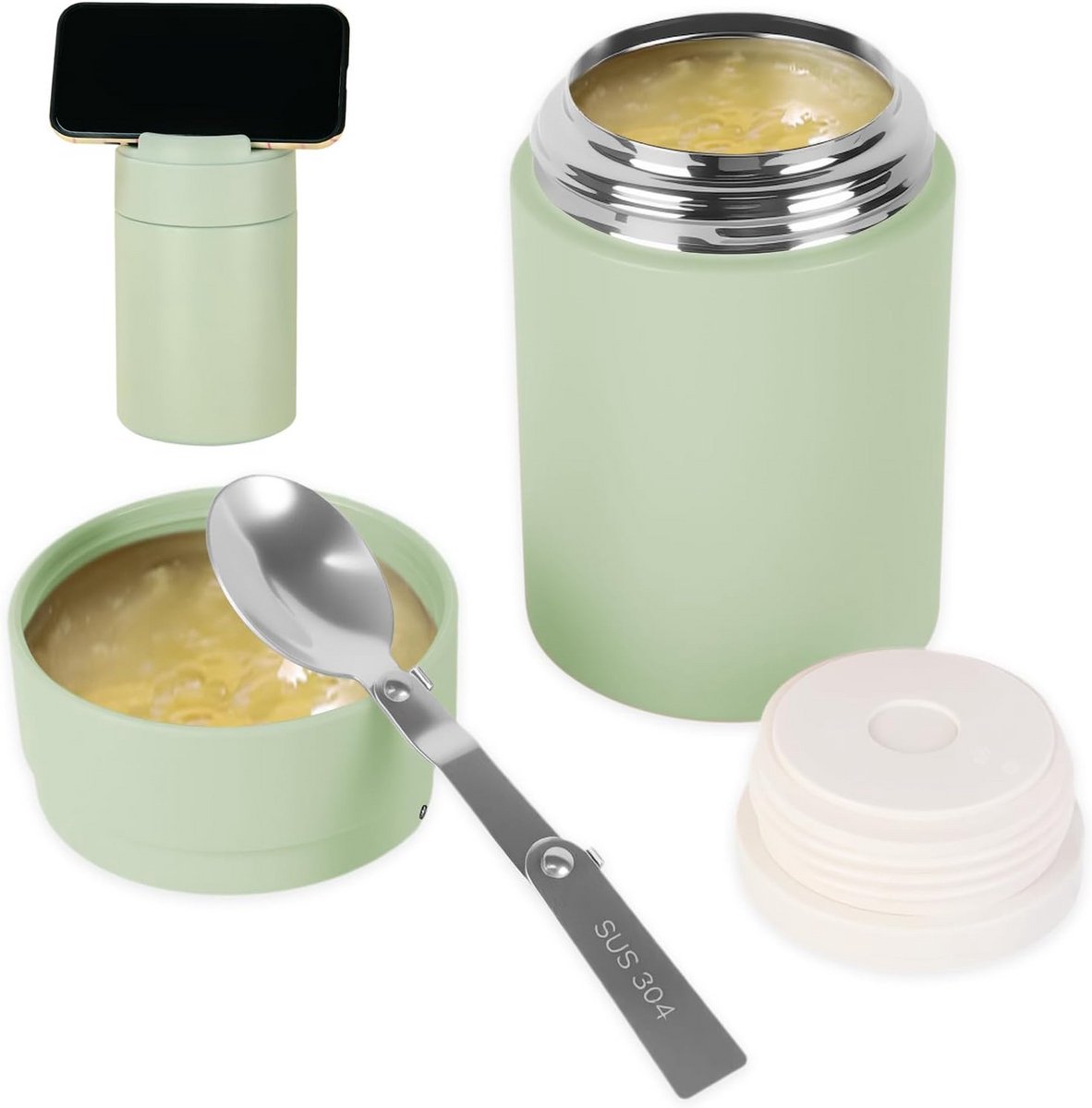Thermosfles 500ml RVS Isolerend Met Lepel en Telefoonhouder