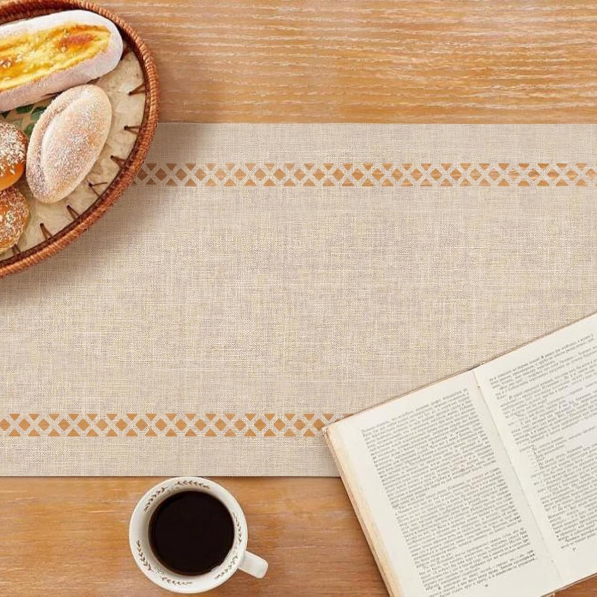 Moderne Tafelloper Beige 183 x 33 cm Linnenlook Waterafstotend