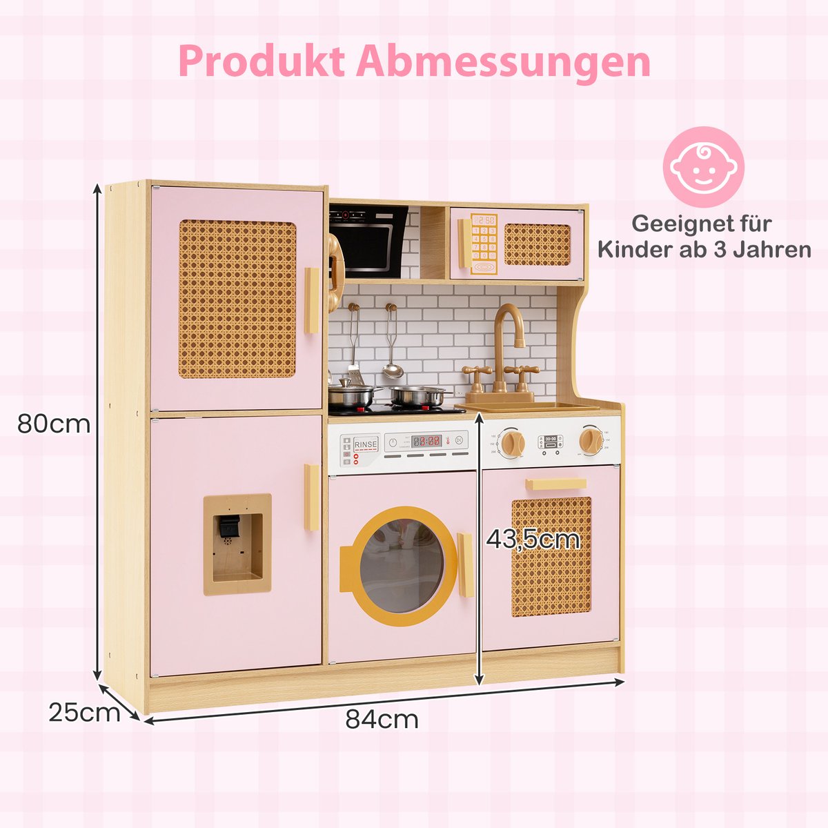 COSTWAY Kinderkeuken, speelkeuken, houten keuken met rotandeuren, licht en geluid, koelkast, waterdispenser, wasmachine en kookaccessoires, speelgoedkeuken voor kinderen vanaf 3 jaar (roze) — afbeelding 9