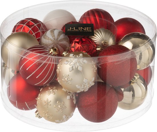 J-Line Boite De 30 Boule De Noël Plastique Rouge Noël/Doré