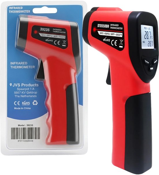 Rode infrarood thermometer in verpakking en los. Model DT8550BH met display waarop 28.7°C wordt getoond.