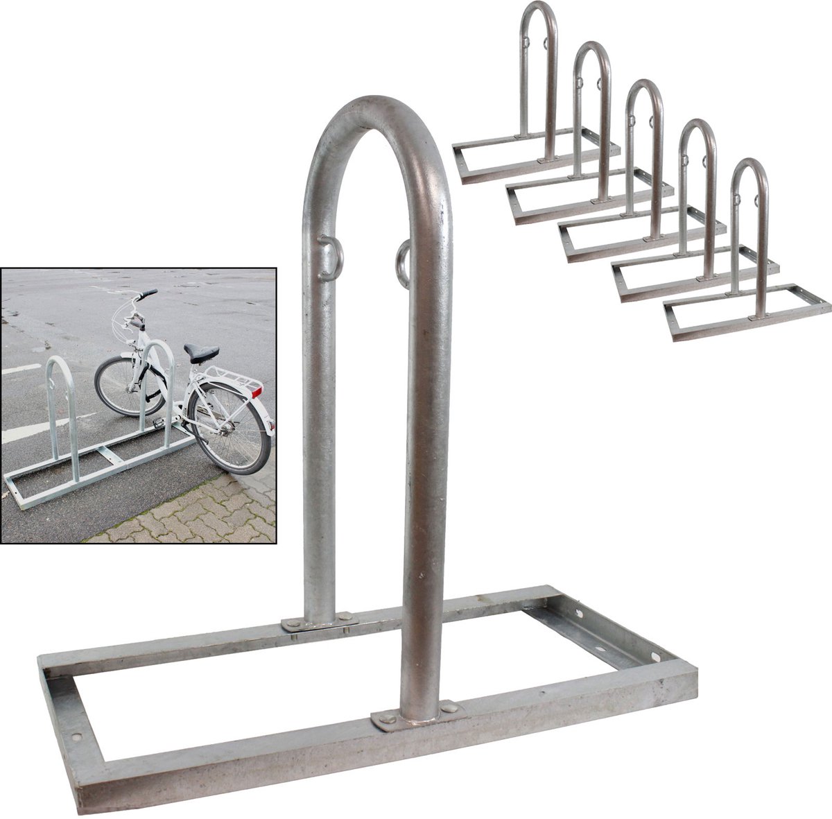 5 x Fietsenrek 90 x 84 cm thermisch verzinkt staal Ø 49 mm grijs vrijstaande fietsstandaard Parker type U