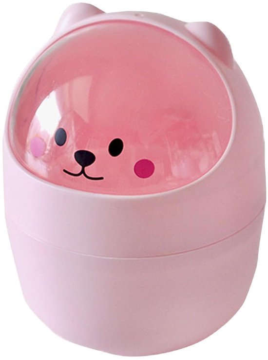 Prullenbakje - Afvalbakje - Tafelvuilnisemmer met deksel - Kleine tafelvuilnisemmer badkamer - 12*12*16 cm - Roze - Kunststof - Vuilnisemmer voor kinderen - Aanrecht Afvalbakje - Tafelafvalbakje