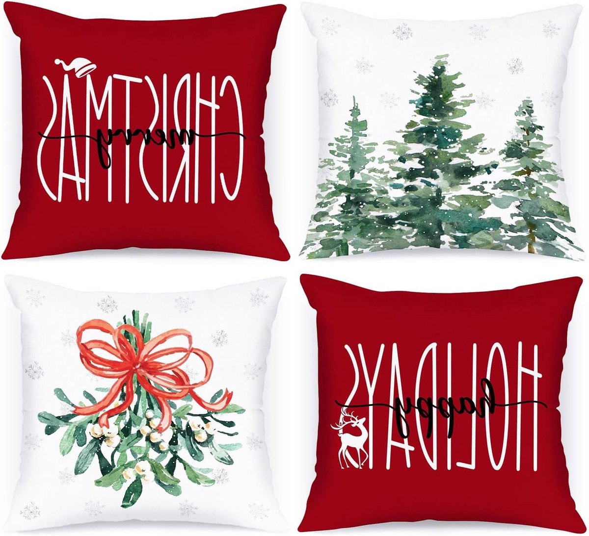 EGoods Kerst Kussenhoezen 50x50 set van 4, winter bos decoratief - Rood - Binnen huis slaapkamer bank deco Any