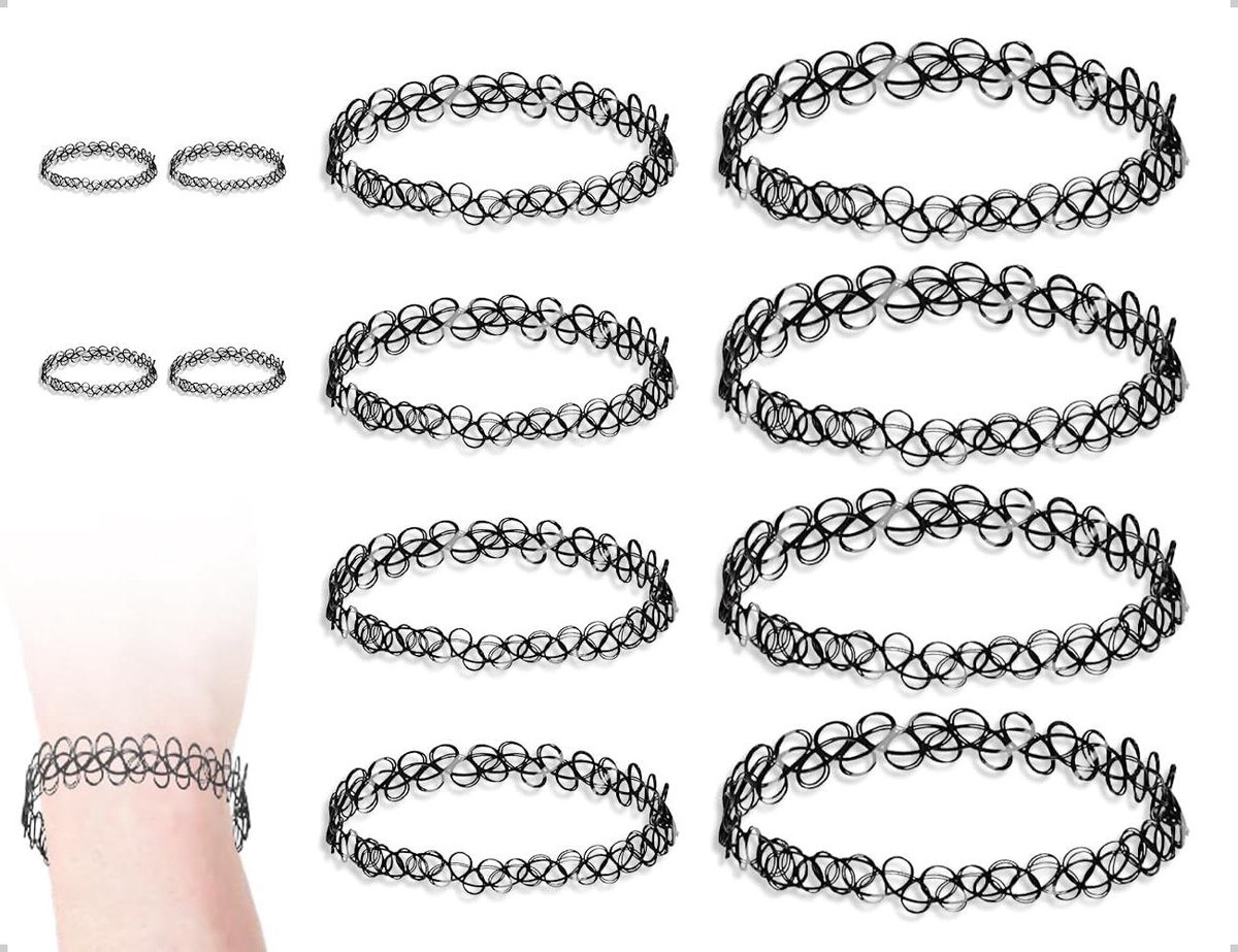 EGoods - Elastische choker halsketting set in punk-tattoo-stijl, vintage accessoires uit de jaren 90 voor meisjes, vrouwen, tieners - Zwart met armband en ring