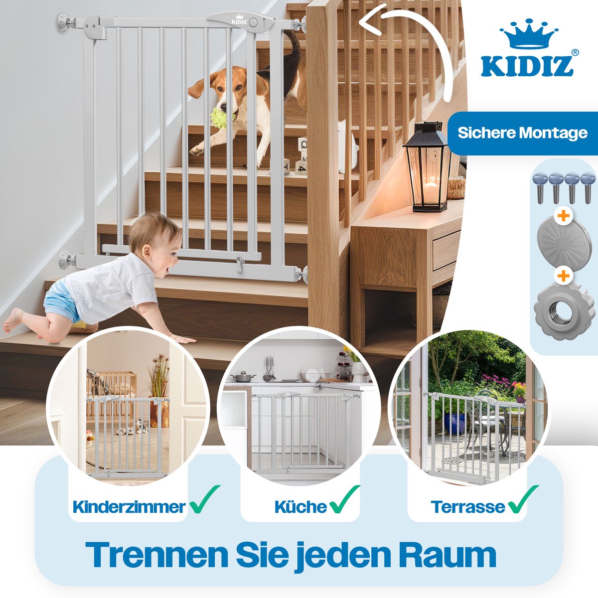 KIDIZ® Traphekje 81-87 cm Uitbreidbaar met Verlengstuk - Kinderhekje zonder boren Veiligheidshekje voor Kinderen en Baby - Grijs