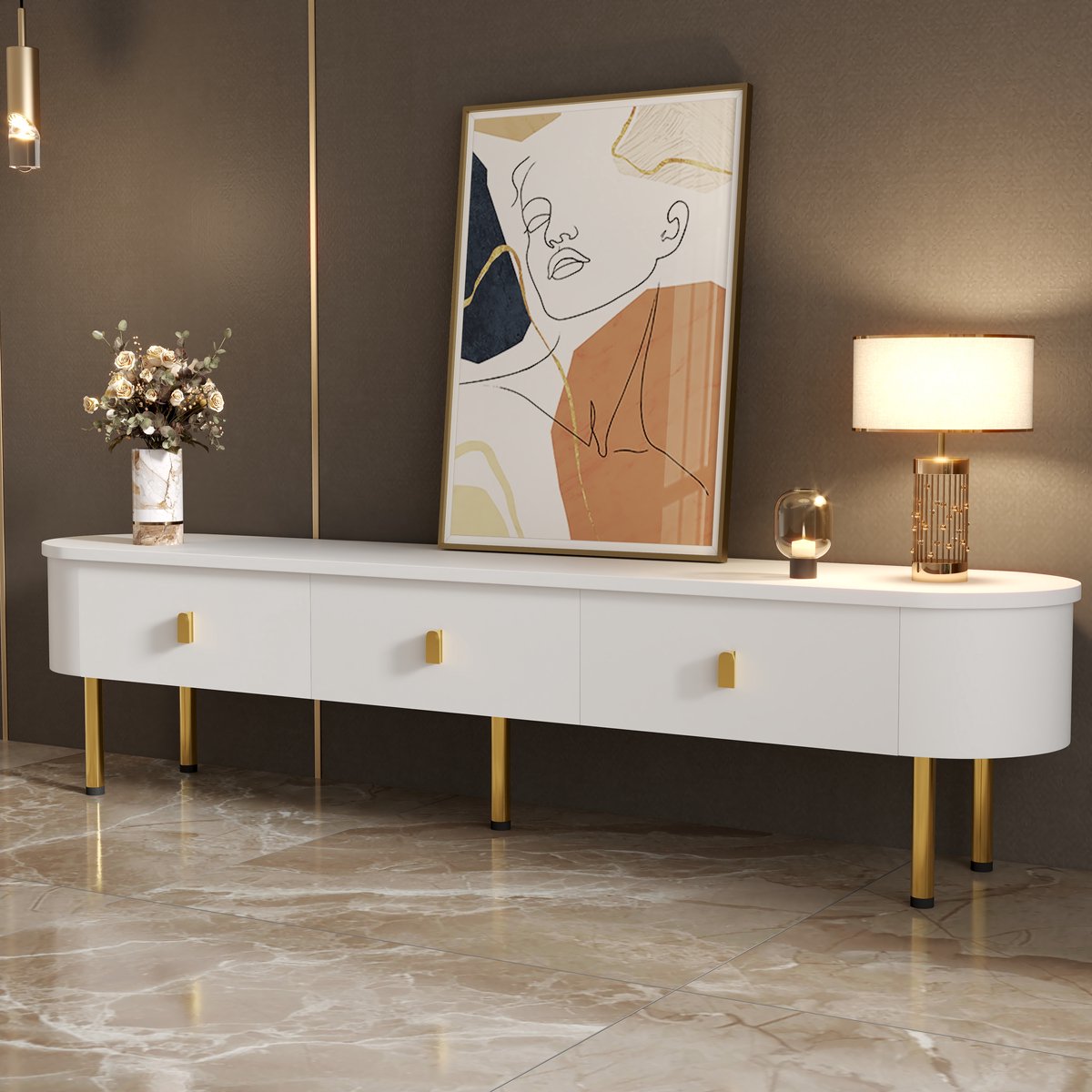 STILVORA TV meubel - TV-Kast Met Laden En Elegante Gouden Accenten - Gebogen Hoeken - Voor
