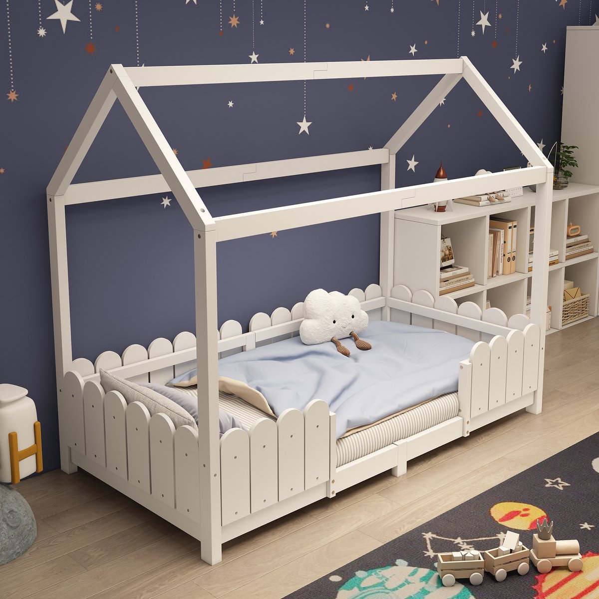 STILVORA Kinderbed 90x200 cm - Kinderbed Met Opbergruimte En Huisvorm - Massief Hout - Wit (Geen Matras)