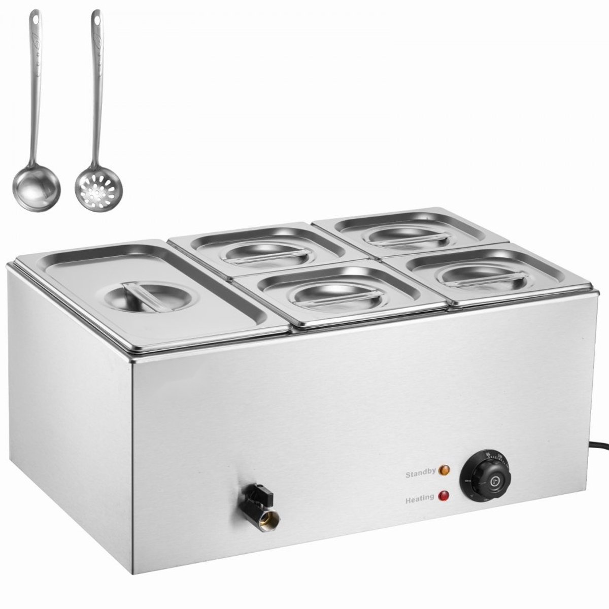 Voedselverwarmer - Elektrisch buffet waterbad (bain-marie) - Commercieel - 5 GN-bakken (1/3 en 1/6) - 1200 W - Temperatuurregeling 30–80°C - Voor buffetten en feesten