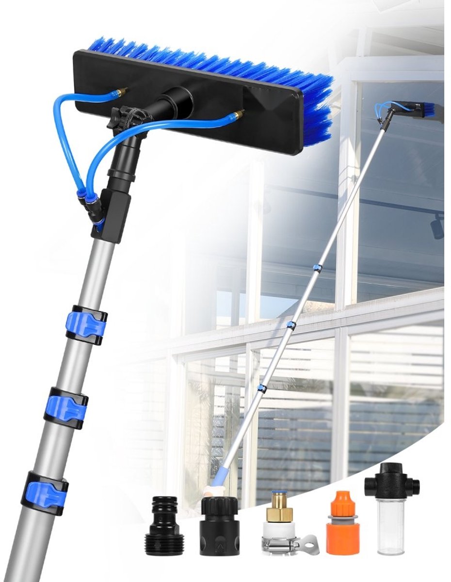 Telescopische wasborstel - Telescoopsteel set - Uitschuifbare steel 6 m - Draaibare borstelkop 180° - Slang 20 m - Waterdoorvoer - Voor auto, ramen, caravan en zonnepanelen