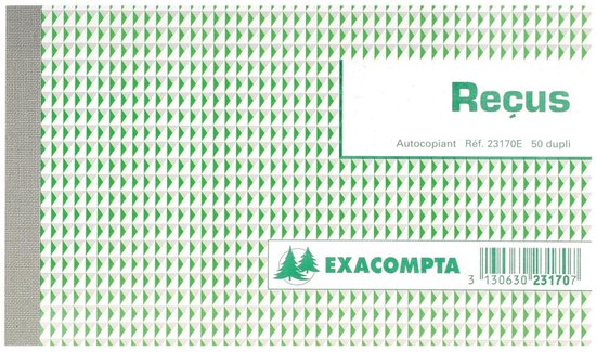 Formulaire de reçus autocopiant blanc, motif de triangles verts, logo 'EXACOMPTA' et code-barres. 'Reçus Autocopiant Réf. 23170E 50 dupli'.