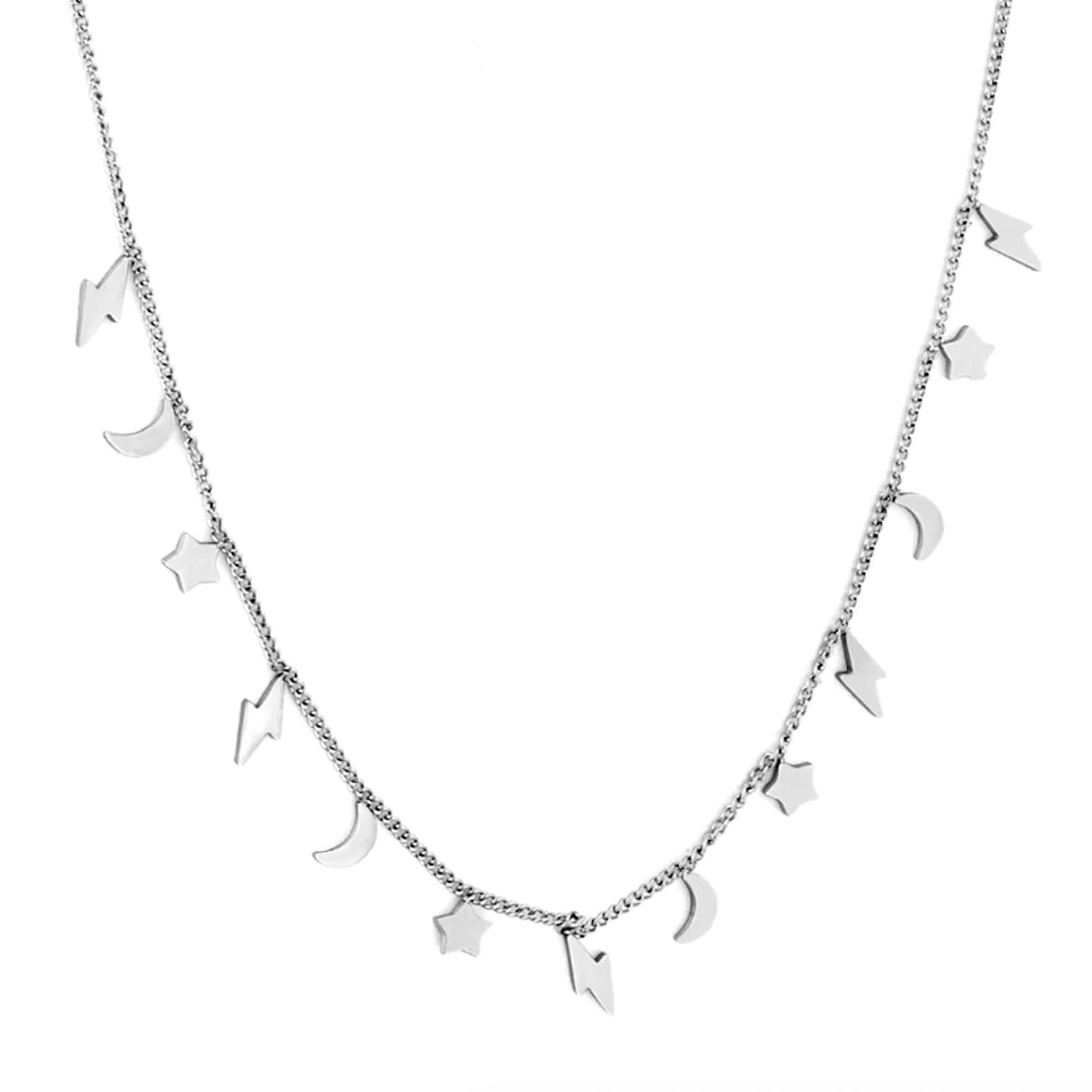 Planet Pink - Ketting bedeltjes bliksemschicht, maan, ster zilver - Stainless Steel - Roestvrij Staal rvs - Waterproof