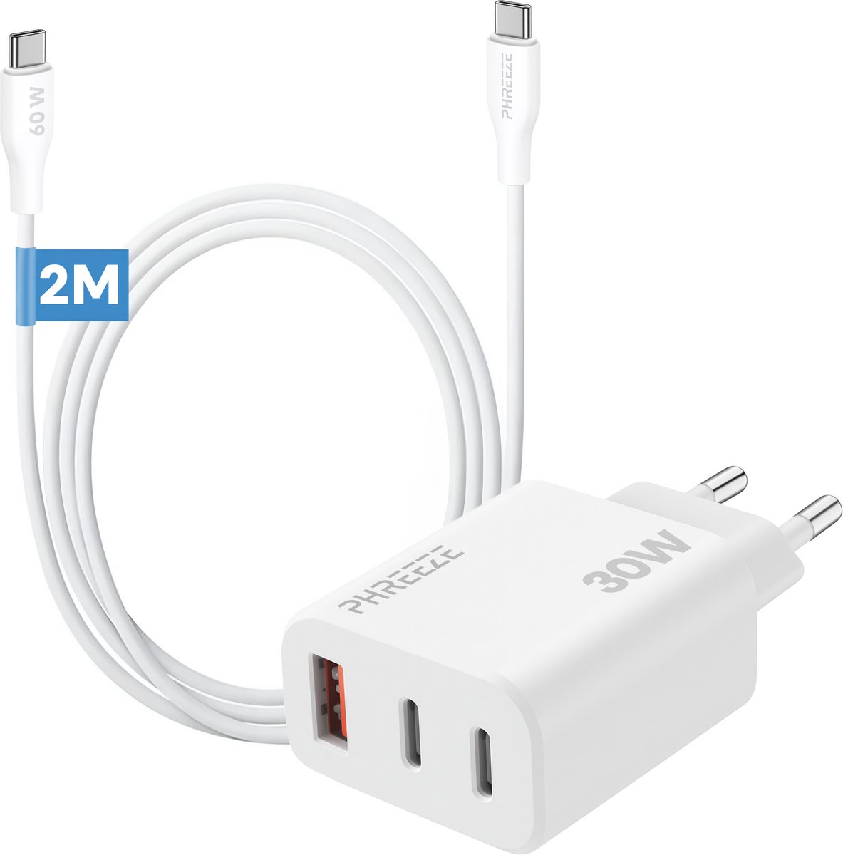 3 - Poorts snellader met usb C met usb A poorten - Incl. usb C naar usb C oplaadkabel 2m
