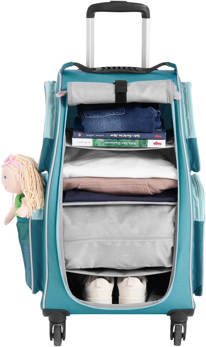 HABA Kinderkoffer Schranktrolley 4 Rollen, Brotdose und Trinkflasche