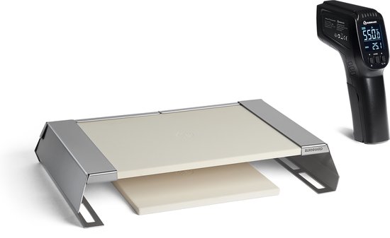 Pizza-opzetstuk 2-delig, BURNHARD® Geborsteld roestvrij staal, Cordieriet-pizzastenen, Infraroodthermometer, Gemakkelijk schoon te maken, Geschikt voor gasbarbecues – Starterset