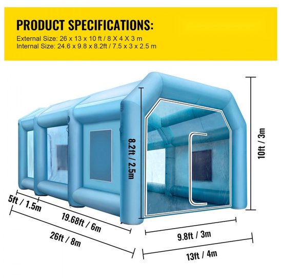 Opblaasbare Spuitcabine Tent - Spuittent Auto - 8 x 4 x 3 m - Met 2 Elektrische Blaasmachines - Voor Autospuitwerk van MAXXTOOLS — afbeelding 2