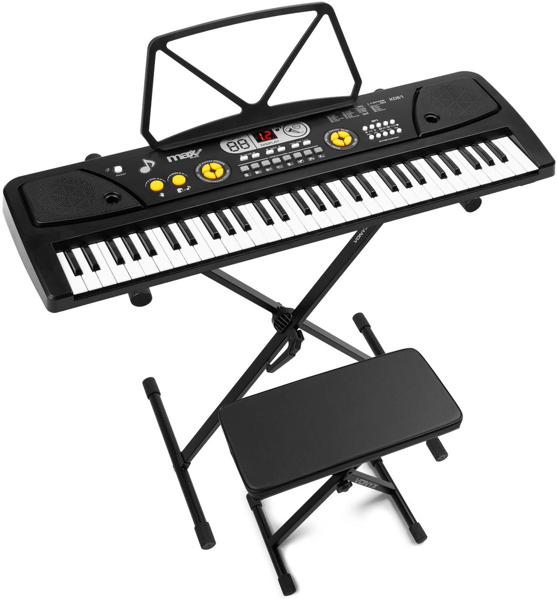 Keyboard piano kinderen - MAX KD61 - Keyboard met 61 toetsen, standaard, bankje en oplaadbare accu - Zwart