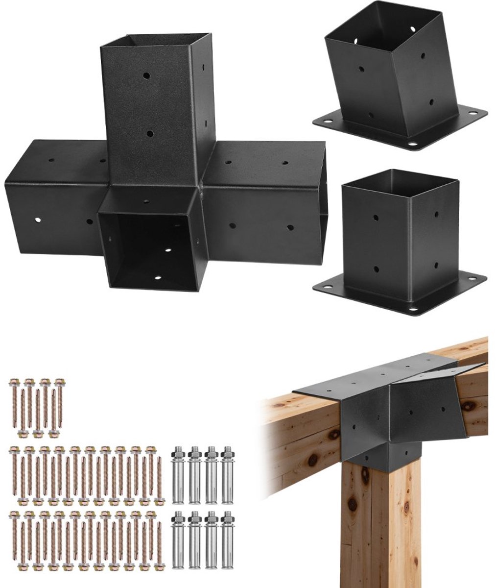 Paalhouder/paalverbinder - 4-voudige schuine hoekbeugel - Voor palen 92 x 92 mm - Set van 3 - Koolstofstaal - Met muurbevestiging - Voor pergola en prieel