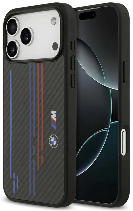 Coque arrière BMW iPhone 17 Pro Max - Coque MagSafe en Kevlar avec logos tricolores et Métal imprimés - Noir