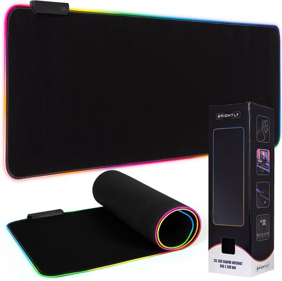 Brightly® RGB Gaming Muismat XXL - RGB LED Verlichting Muismat - USB - Muismat LED - Antislip Muismat - 80 cm x 30 cm - Gaming Muismat - Waterproof - Extra Breed en Lang - Zwart