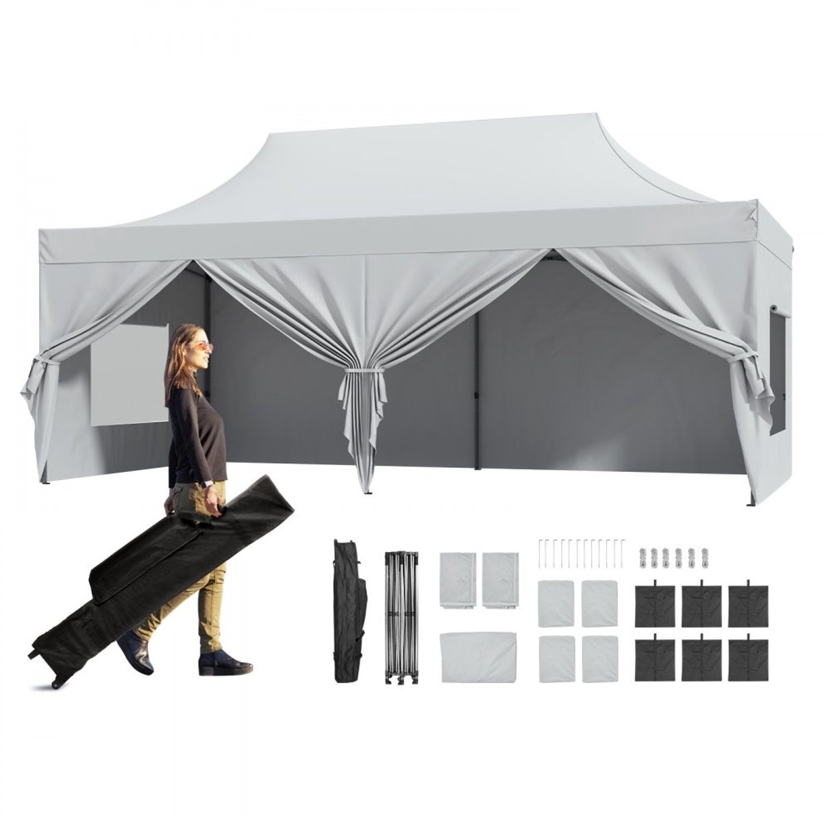 Partytent 3 x 6 m - Pop-up Tuintent Paviljoen - PU-stof 500D - Verstelbare hoogte tot 3,20 m - Waterdicht en UV-werend - Inclusief draagtas - Capaciteit 12-16 personen - Zilver